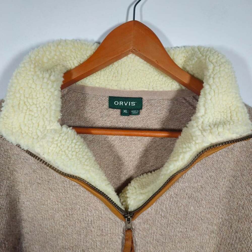 Orvis 100% Lambswool Quarter Zip Sweater XL Sherpa Lined Leather Trim
